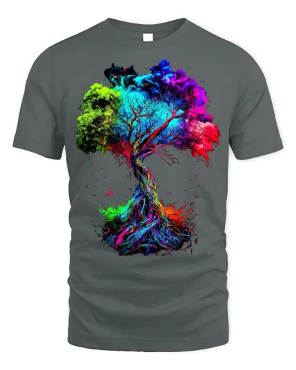 Colorful Tree of Life T-Shirt Abstract Vibrant Nature Art - gray t-shirt on white background