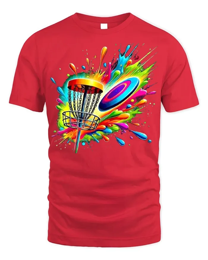 Color Splash Disc Golf T-Shirt Vibrant Flying Disc - red t-shirt on white background