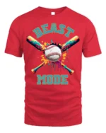 Beast Mode Baseball T-shirt with Colorful Bat Design - red t-shirt on white background