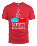 Music Is Medicine T-shirt with Pill and Treble Note Art - red t-shirt on white background
