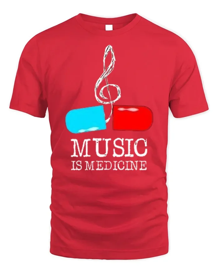 Music Is Medicine T-shirt with Pill and Treble Note Art - red t-shirt on white background