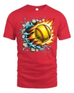 Fireball Softball T-shirt with Water Splash and Impact Art - red t-shirt on white background