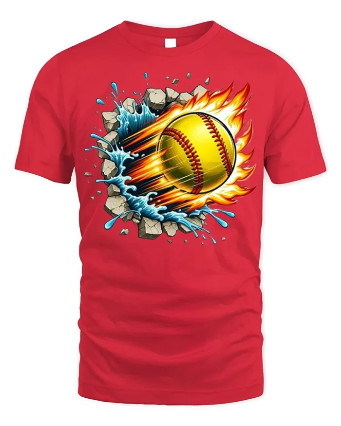 Fireball Softball T-shirt with Water Splash and Impact Art - red t-shirt on white background