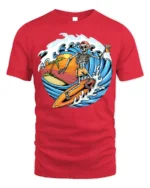 Skeleton Surfing Sunset T-shirt with Beach and Wave Art - red t-shirt on white background