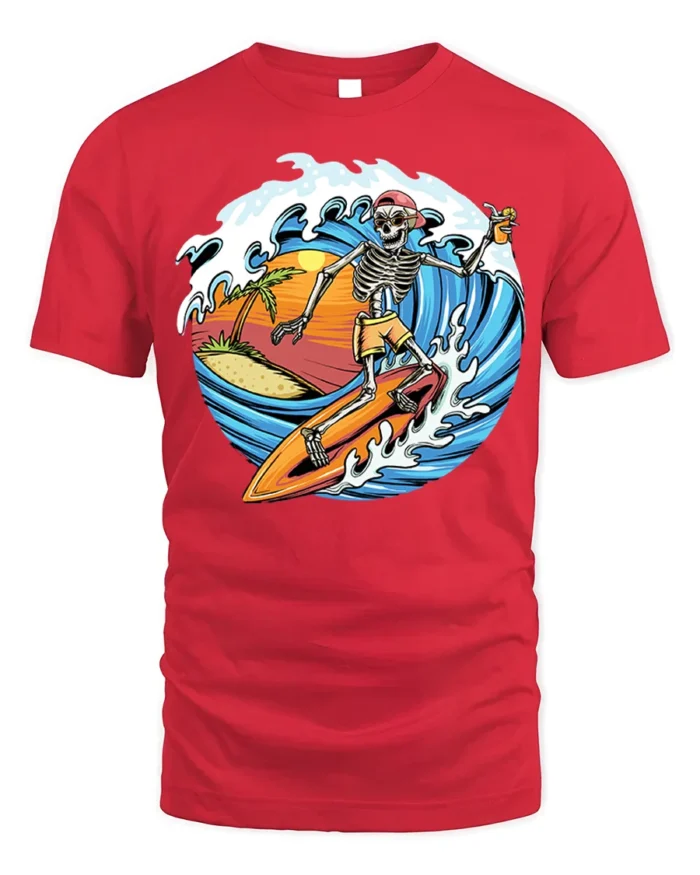 Skeleton Surfing Sunset T-shirt with Beach and Wave Art - red t-shirt on white background