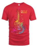 Power of Music Guitar T-shirt with Colorful Notes Art - red t-shirt on white background