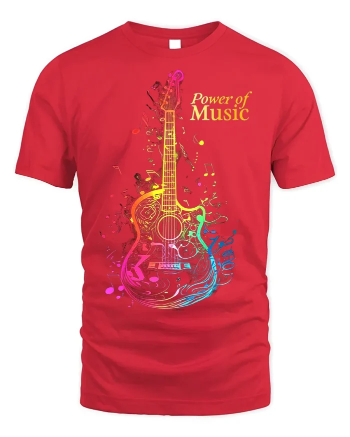 Power of Music Guitar T-shirt with Colorful Notes Art - red t-shirt on white background