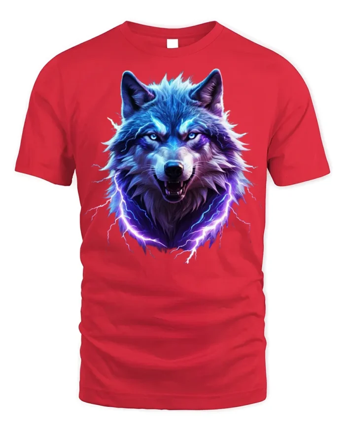 Electric Blue Wolf T-Shirt Fierce Lightning Animal - red t-shirt on white background