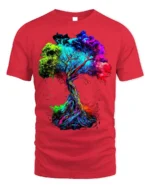 Colorful Tree of Life T-Shirt Abstract Vibrant Nature Art - red t-shirt on white background