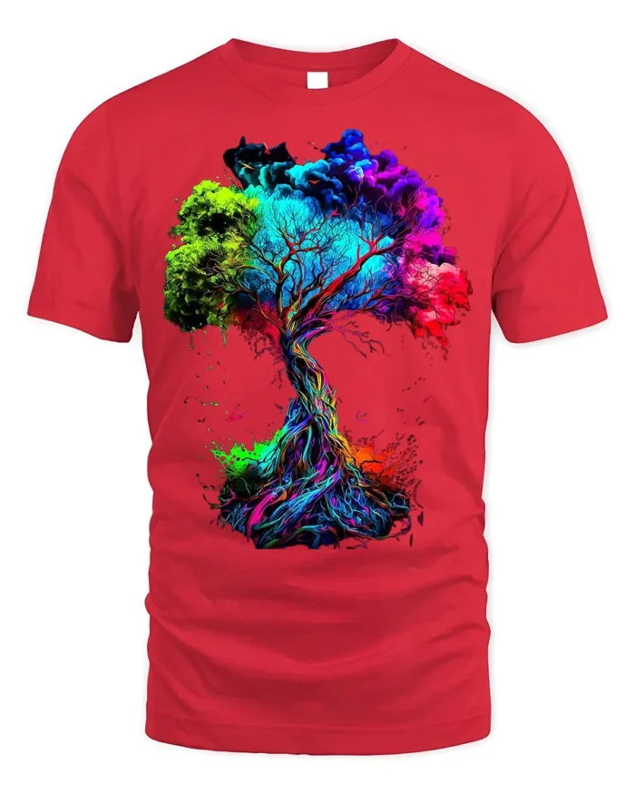 Colorful Tree of Life T-Shirt Abstract Vibrant Nature Art - red t-shirt on white background