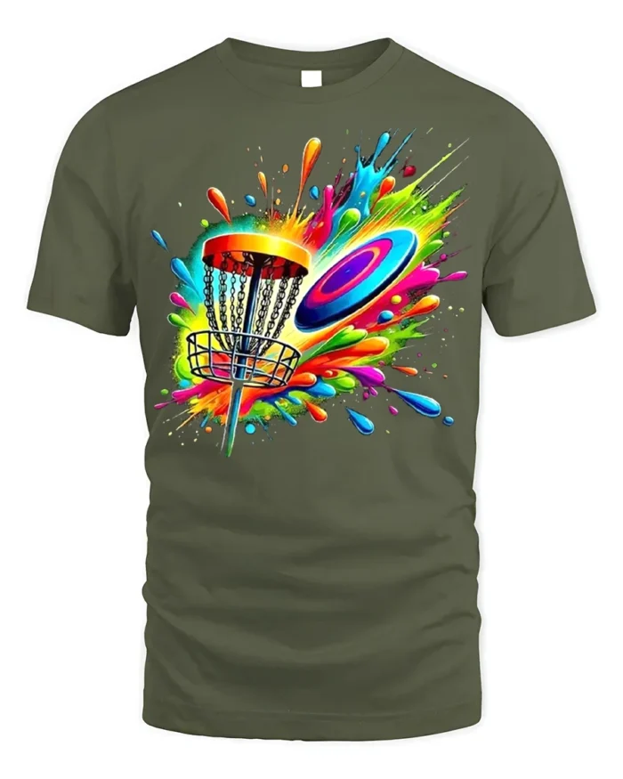 Color Splash Disc Golf T-Shirt Vibrant Flying Disc - military green t-shirt on white background