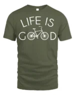 Life Is Good Bicycle Graphic T-shirt for Cycling Lovers - military green t-shirt on white background