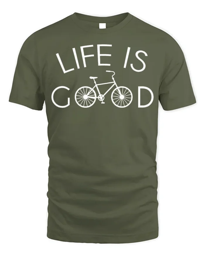 Life Is Good Bicycle Graphic T-shirt for Cycling Lovers - military green t-shirt on white background