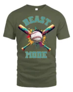 Beast Mode Baseball T-shirt with Colorful Bat Design - military green t-shirt on white background