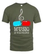 Music Is Medicine T-shirt with Pill and Treble Note Art - military green t-shirt on white background