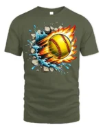 Fireball Softball T-shirt with Water Splash and Impact Art - military green t-shirt on white background