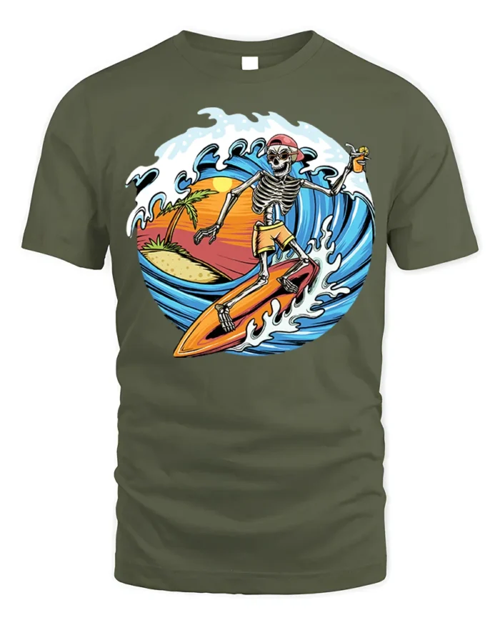 Skeleton Surfing Sunset T-shirt with Beach and Wave Art - military green t-shirt on white background