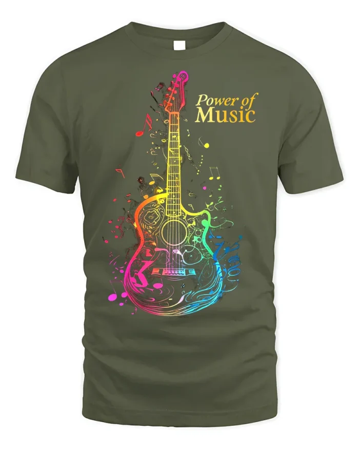 Power of Music Guitar T-shirt with Colorful Notes Art - military green t-shirt on white background