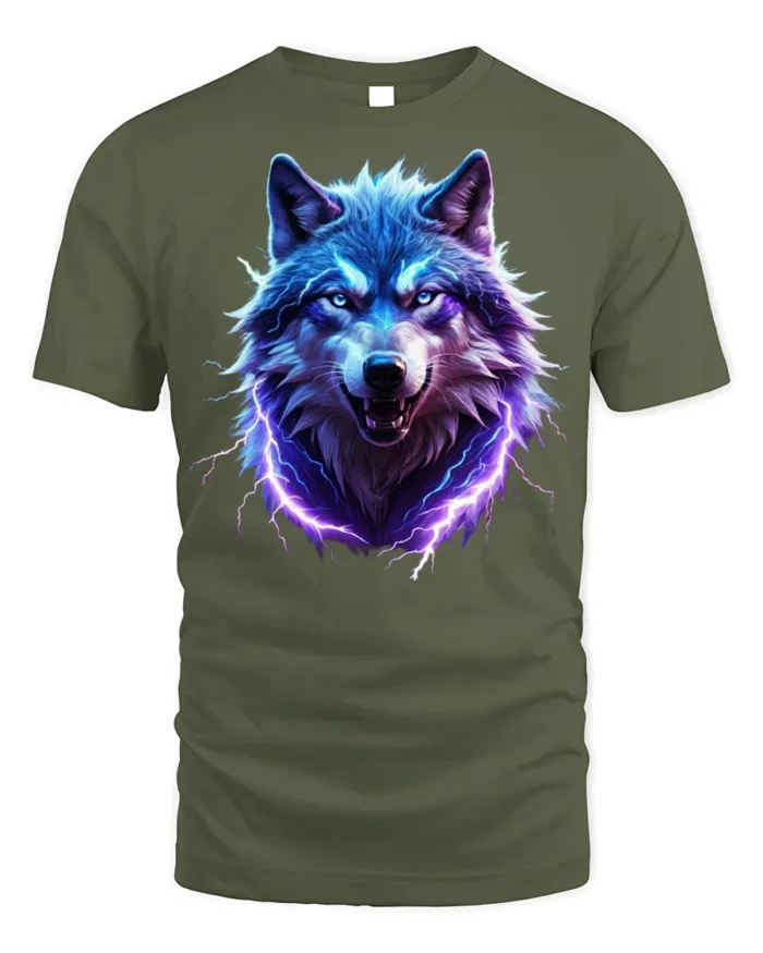 Electric Blue Wolf T-Shirt Fierce Lightning Animal - military green t-shirt on white background