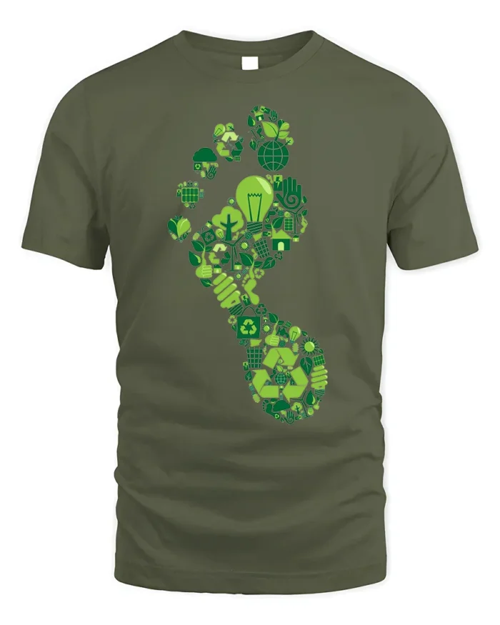 Eco Footprint T-shirt with Recycle and Green Energy Icons - military green t-shirt on white background