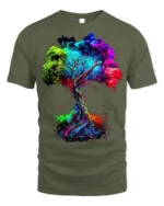 Colorful Tree of Life T-Shirt Abstract Vibrant Nature Art - military green t-shirt on white background