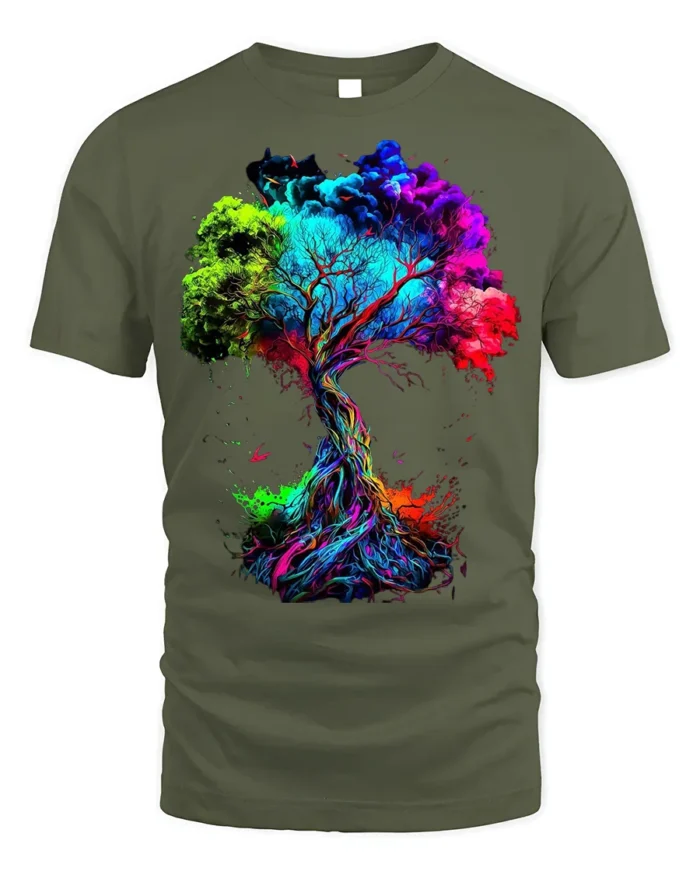 Colorful Tree of Life T-Shirt Abstract Vibrant Nature Art - military green t-shirt on white background