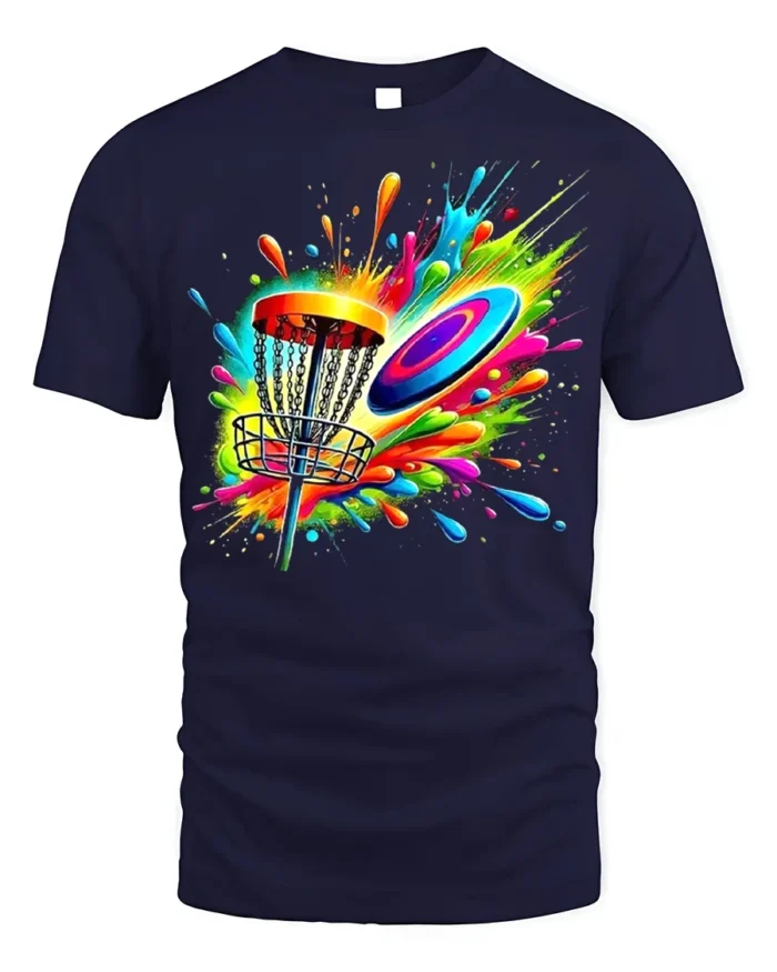 Color Splash Disc Golf T-Shirt Vibrant Flying Disc - navy t-shirt on white background