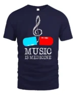 Music Is Medicine T-shirt with Pill and Treble Note Art - navy t-shirt on white background