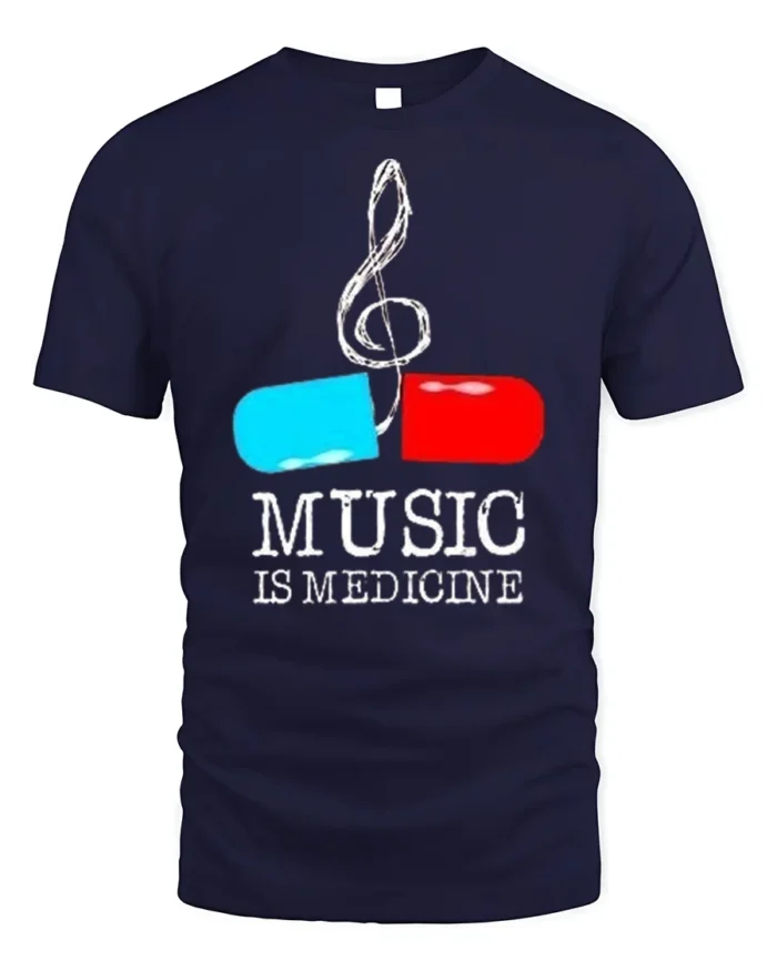 Music Is Medicine T-shirt with Pill and Treble Note Art - navy t-shirt on white background