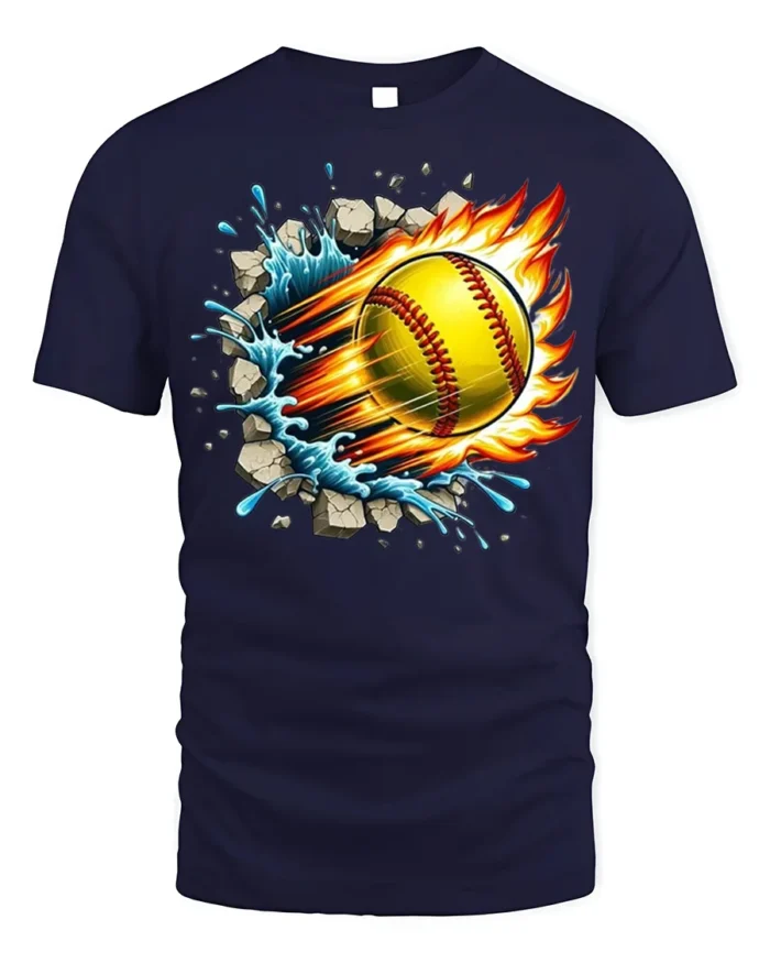 Fireball Softball T-shirt with Water Splash and Impact Art - navy t-shirt on white background