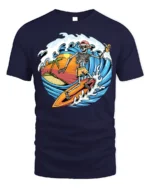 Skeleton Surfing Sunset T-shirt with Beach and Wave Art - navy t-shirt on white background