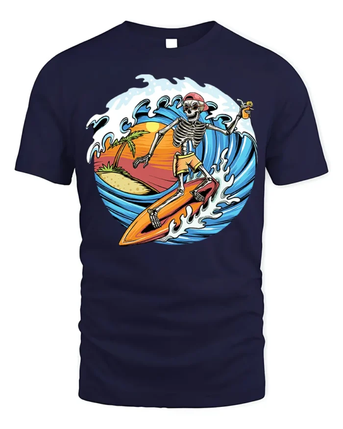 Skeleton Surfing Sunset T-shirt with Beach and Wave Art - navy t-shirt on white background
