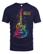 Power of Music Guitar T-shirt with Colorful Notes Art - navy t-shirt on white background