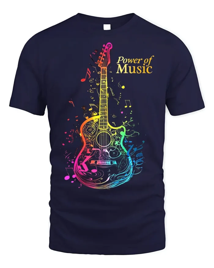 Power of Music Guitar T-shirt with Colorful Notes Art - navy t-shirt on white background