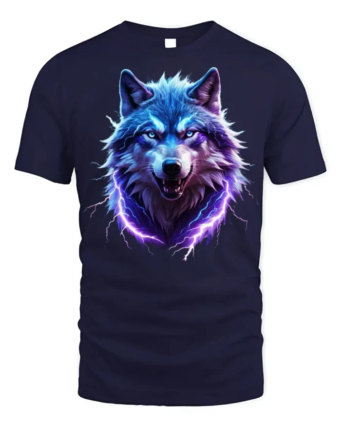 Electric Blue Wolf T-Shirt Fierce Lightning Animal - navy t-shirt on white background
