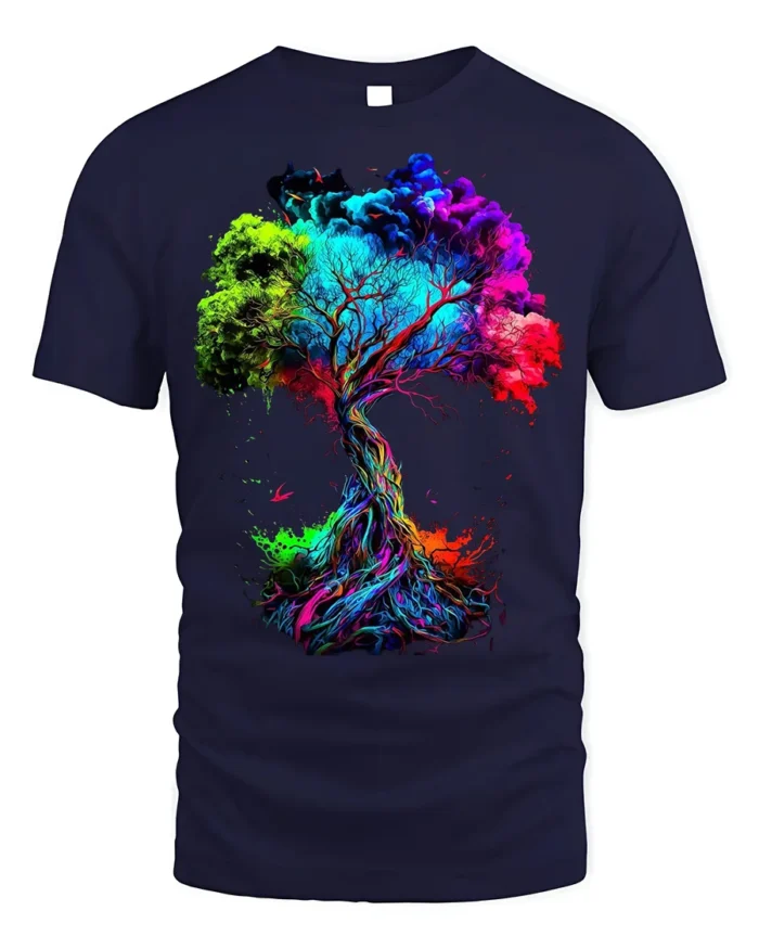 Colorful Tree of Life T-Shirt Abstract Vibrant Nature Art - navy t-shirt on white background