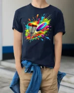 Color Splash Disc Golf T-Shirt Vibrant Flying Disc - model wearing navy shirt, hands in pockets