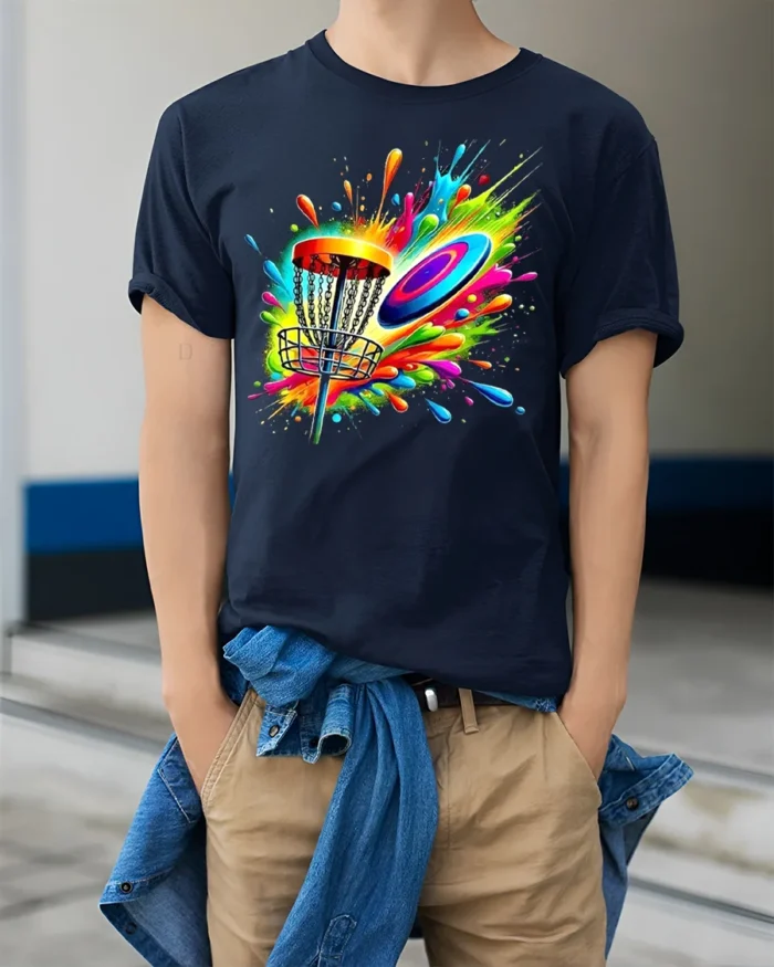 Color Splash Disc Golf T-Shirt Vibrant Flying Disc - model wearing navy shirt, hands in pockets