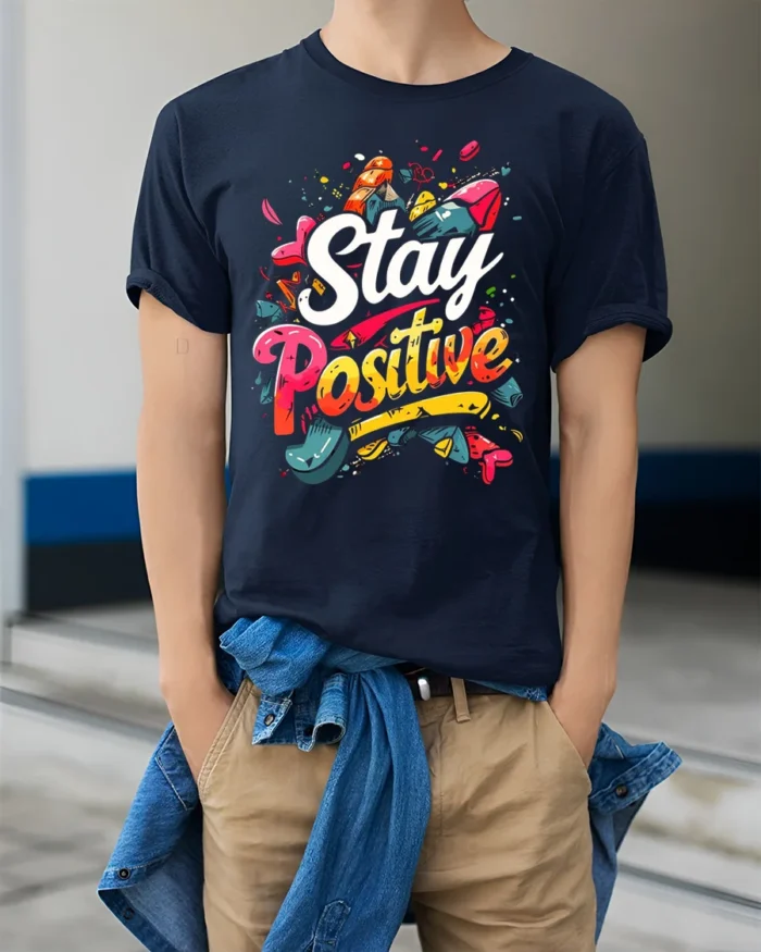 Stay Positive Motivational Graphic T-shirt for Men - model wearing navy shirt, hands in pockets