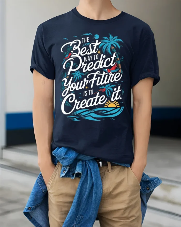 Create Your Future Motivational T-shirt with Tropical Print - model wearing navy shirt, hands in pockets