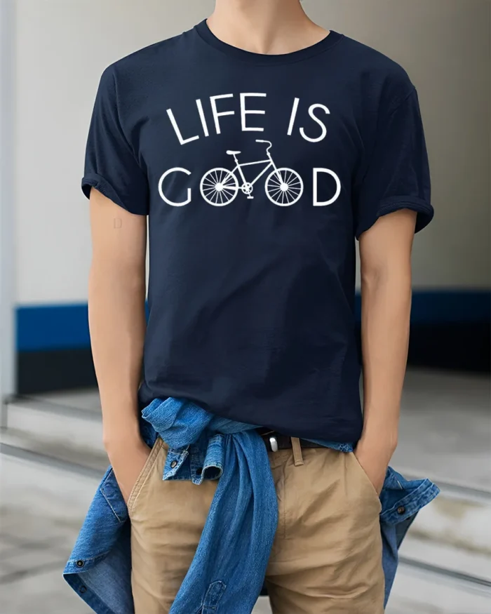 Life Is Good Bicycle Graphic T-shirt for Cycling Lovers - model wearing navy shirt, hands in pockets