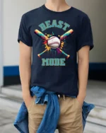 Beast Mode Baseball T-shirt with Colorful Bat Design - model wearing navy shirt, hands in pockets