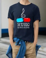 Music Is Medicine T-shirt with Pill and Treble Note Art - model wearing navy shirt, hands in pockets
