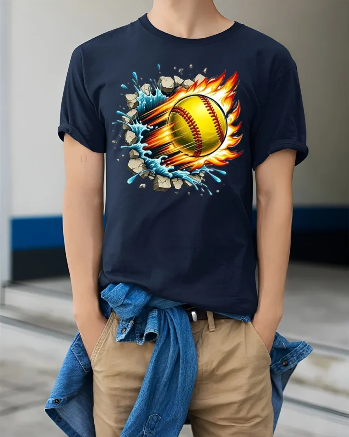 Fireball Softball T-shirt with Water Splash and Impact Art - model wearing navy shirt, hands in pockets