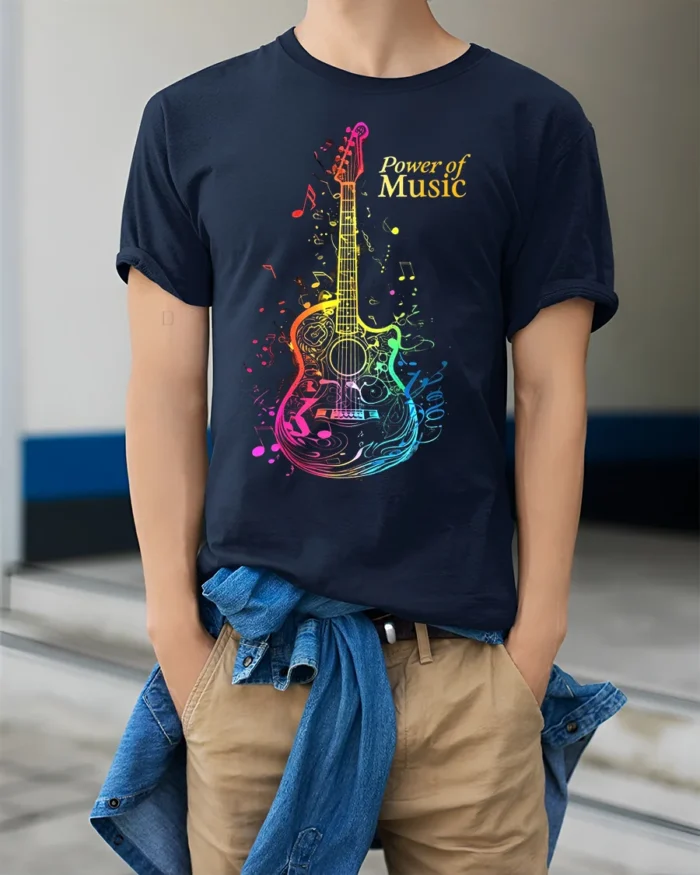 Power of Music Guitar T-shirt with Colorful Notes Art - model wearing navy shirt, hands in pockets