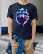Electric Blue Wolf T-Shirt Fierce Lightning Animal - model wearing navy shirt, hands in pockets