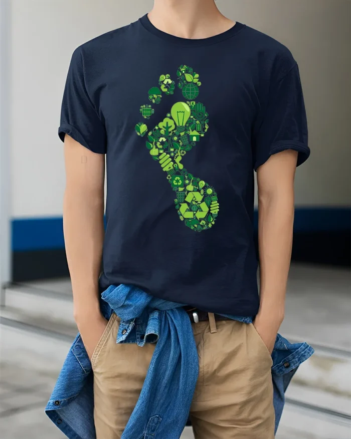 Eco Footprint T-shirt with Recycle and Green Energy Icons - model wearing navy shirt, hands in pockets