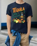 Tequila Lime and Sunshine T-Shirt Fun Summer Beach - model wearing navy shirt, hands in pockets