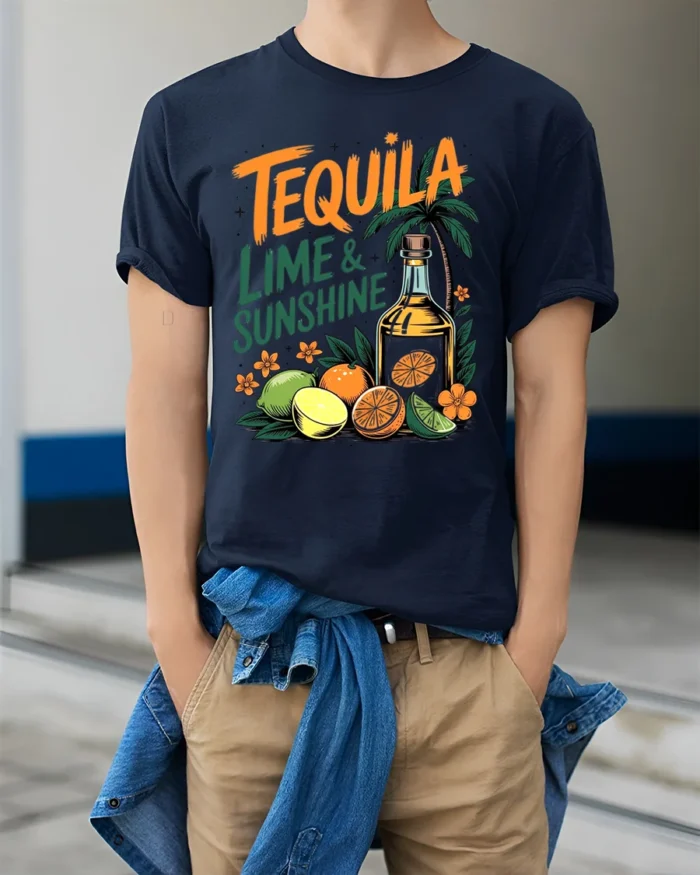 Tequila Lime and Sunshine T-Shirt Fun Summer Beach - model wearing navy shirt, hands in pockets