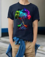 Colorful Tree of Life T-Shirt Abstract Vibrant Nature Art - model wearing navy shirt, hands in pockets